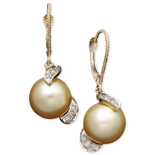 14k Gold Earrings, Cultured Golden South Sea Pearl (9mm) and Diamond (1/5 ct. t.w.) Drop Earrings