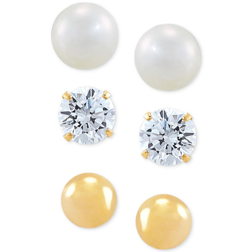3-Pc. Set Cutured Freshwater Pearl (3-3/4mm), Cubic Zirconia & Polished Round Stud Earrings in 10k Gold