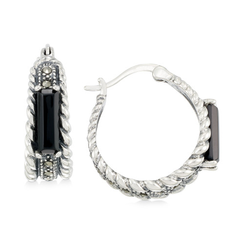 Onyx (3-1/2 x 9-1/2mm) & Marcasite Hoop Earrings in Sterling Silver