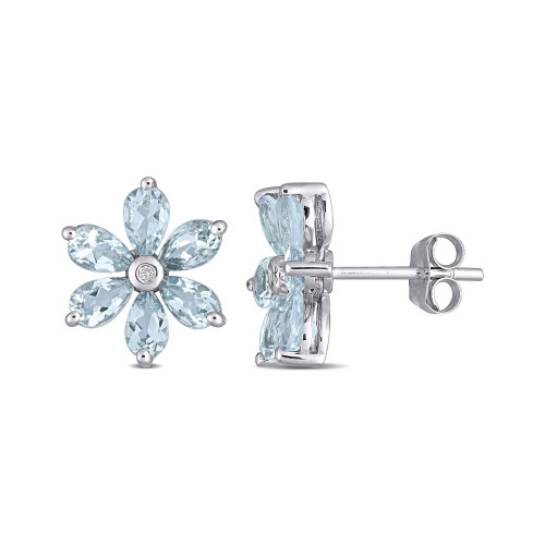 Aquamarine and Diamond Accent Floral Stud Earrings