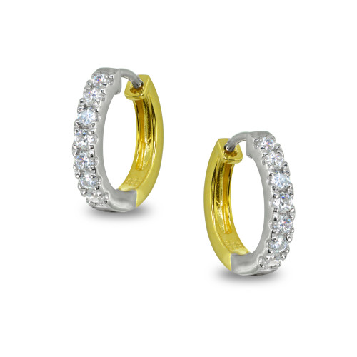 Cubic Zirconia Huggie Hoop Earrings in Two Tone 18k Gold Plate & Sterling Silver