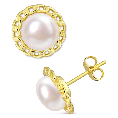 Cultured Freshwater Pearl (8mm) Link Frame Stud Earrings in Gold-Tone Plated Sterling Silver