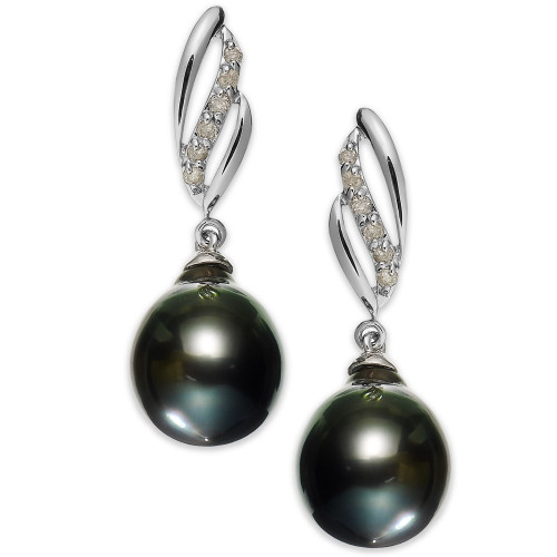 14k White Gold Tahitian Pearl (9mm) and Diamond (1/10 ct. t.w.) Drop Earrings