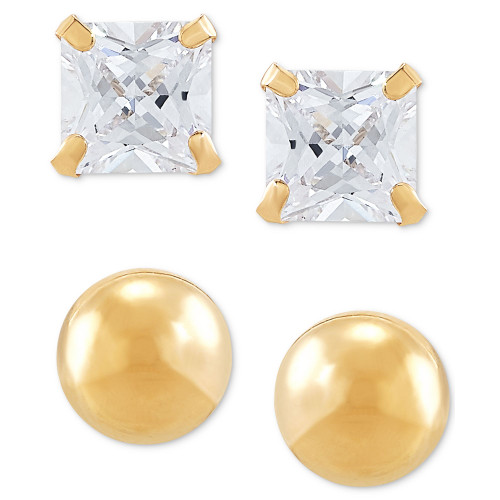 2-Pc. Set Cubic Zirconia Princess and Polished Round Stud Earrings in 10k Gold