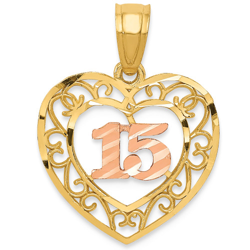 Diamond-cut "15" Heart Charm Pendant in 14k Yellow & Rose Gold