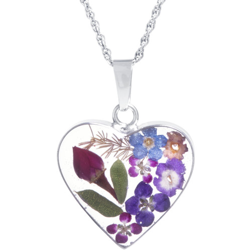 Medium Heart Dried Flower Pendant with 18" Chain crafted in Sterling Silver. Available in Multi or Blue