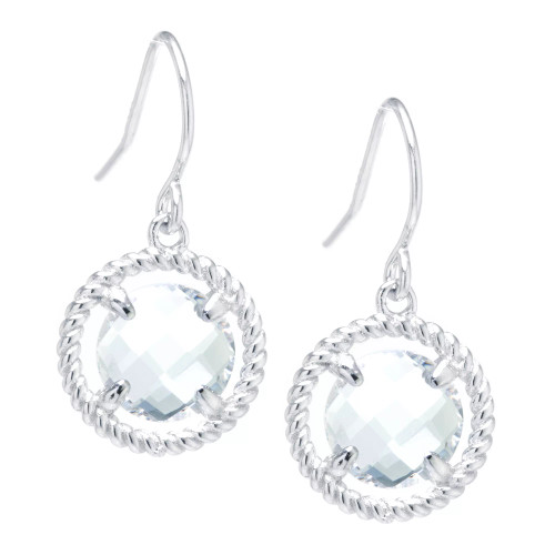 Round Crystal Wire Drop Earrings in Sterling Silver. Available in Clear, Blue, Green or Purple