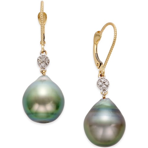 Cultured Tahitian Pearl (12mm) and Diamond Accent Drop Earrings in 14k Gold
