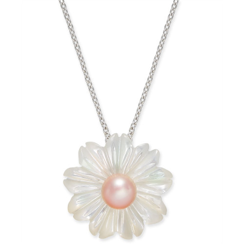 Pink Cultured Button Freshwater Pearl (6 mm) & Mother-of-Pearl (19-1/2 mm) 18" Pendant Necklace in Sterling Silver