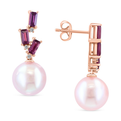 EFFY® Pink Freshwater Pearl (10mm), Rhodolite (x ct. t.w.) & Diamond Accent Drop Earrings in 14k Rose Gold