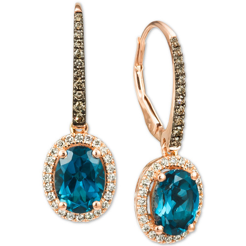Deep Sea Blue Topaz (2-5/8 ct. t.w.) & Diamond (3/8 ct. t.w.) Halo Drop Earrings in 14k Rose Gold