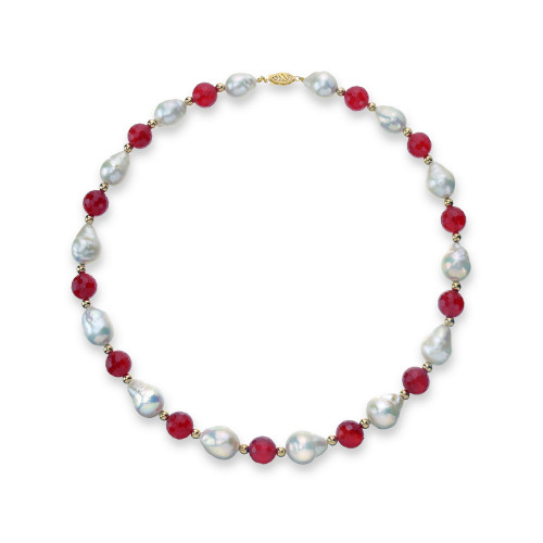 White Baroque Freshwater Cultured Pearl (12-13mm) with Red Agate (91 ct. t.w) and Gold Beads (4mm) 18" Necklace in 14k Yellow Gold. Also Available with Green Agate