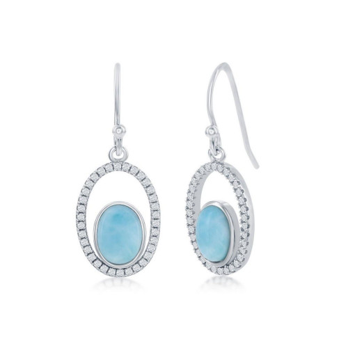 Sterling Silver Oval Larimar with CZ Earrings