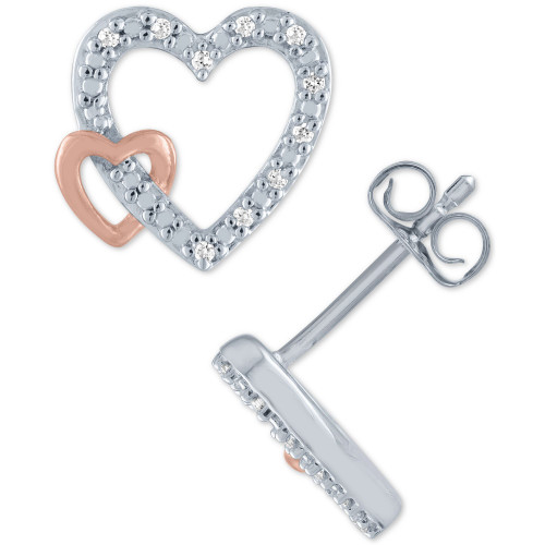 Diamond Accent Double Heart Stud Earrings in Sterling Silver & Rose Gold-Plate