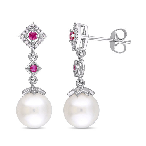 Freshwater Cultured Pearl (8.5-9mm), Ruby (1/7 ct. t.w.) and Diamond (1/10 ct. t.w.) Drop Earrings in 10k White Gold