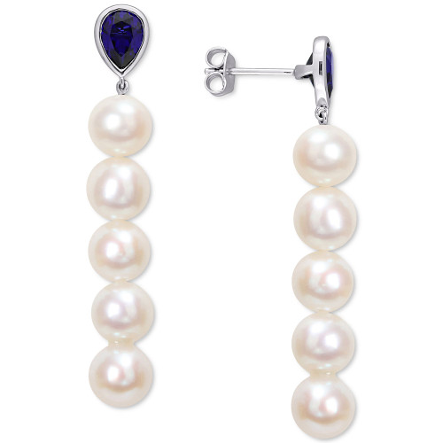 Cultured Freshwater Pearl (7 - 7-1/2mm) & Lab-Created Blue Sapphire (2-1/3 ct. t.w.) Linear Drop Earrings in Sterling Silver