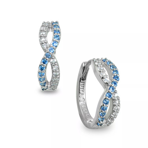 White and Blue Cubic Zirconia Infinity Huggie Hoop Earrings in Sterling Silver