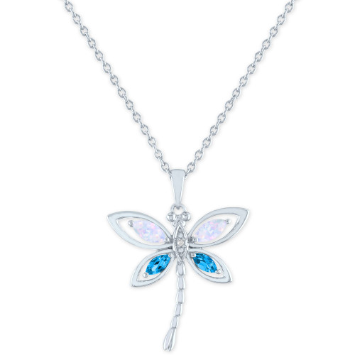 Lab-Created Opal (5x2 mm), Blue Topaz (1/10 ct. t.w.) & Diamond Accent Dragonfly Pendant Necklace in Sterling Silver, !6" + 2" extender