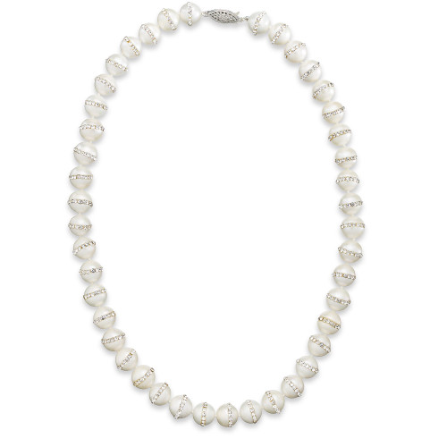 Sterling Silver Necklace, Cultured Freshwater Pearl (10-11mm) and Crystal Halo Necklace