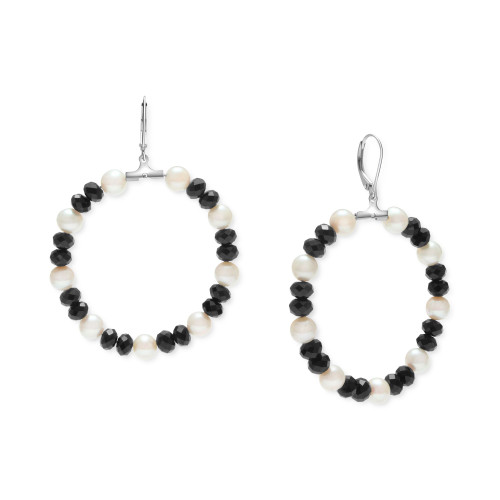 Cultured Freshwater Pearl (6mm) & Black Spinel (6mm) Circle Drop Earrings in Sterling Silver