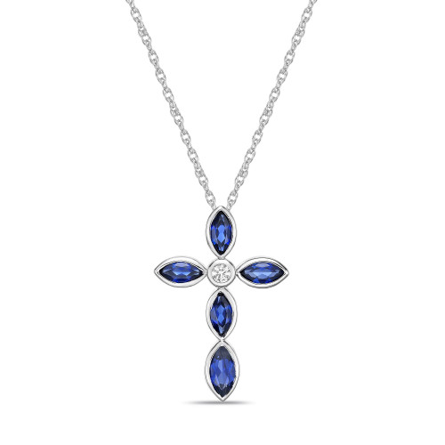 Sterling Silver Simple 1 7/8 (ct. t. w.) Created Ceylon Blue Sapphire and Created White Sapphire Marquise Bezel Set Cross Pendant Necklace