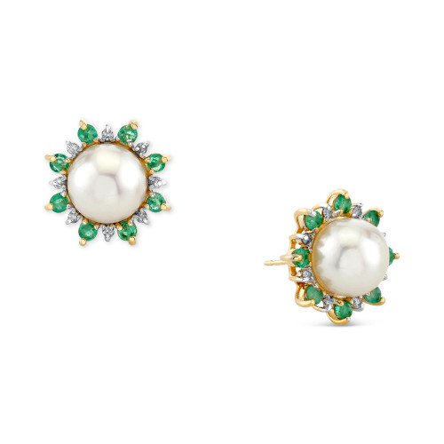 Cultured Freshwater Pearl (8mm), Emerald (5/8 ct. t.w.) & Diamond (1/8 ct. t.w.) Stud Earrings in 10k Gold