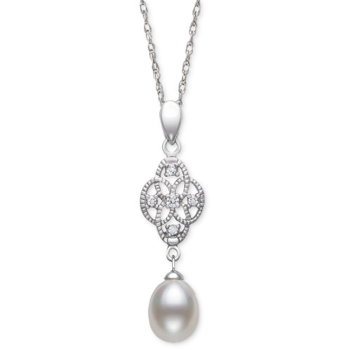 Cultured Freshwater Pearl (7-8mm) & Lab-Created White Sapphire (1/10 ct. t.w.) Double Drop 18" Pendant Necklace in Sterling Silver