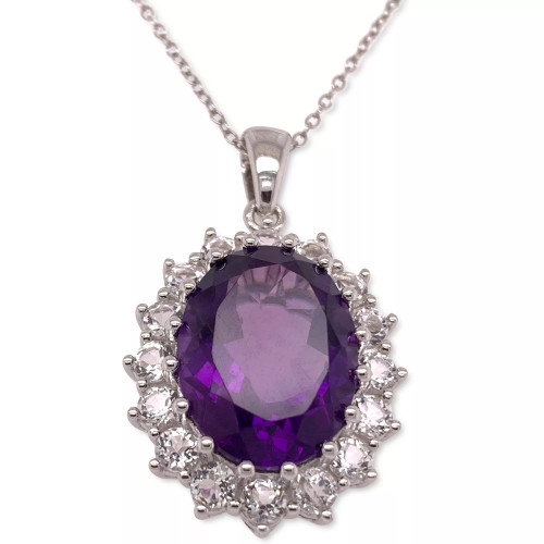 Amethyst (10 ct. t.w.) & White Topaz (2 ct. t.w.) Oval Halo 18" Pendant Necklace in Sterling Silver (Also in Mystic Quartz & Green Amethyst)