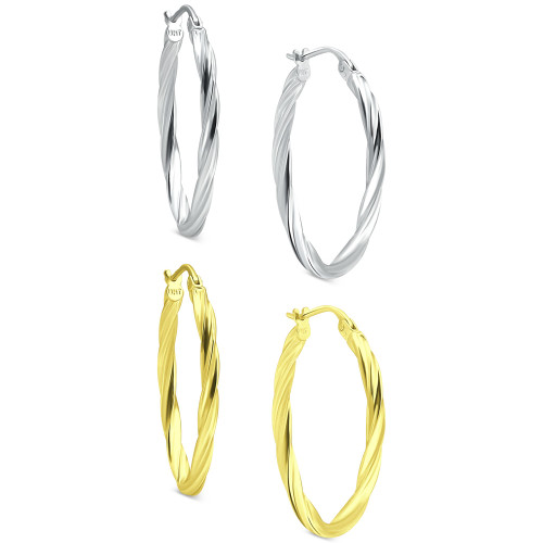 2-Pc. Set Twisted Small Hoop Earrings in Sterling Silver & 18k Gold-Plate, 20mm