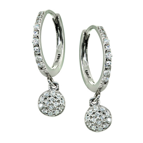 Pavé Cubic Zirconia Disc Charm Drop Huggie Hoop Earring in Sterling Silver