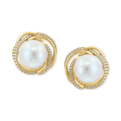 EFFY® Freshwater Pearl (11-1/2mm) & Diamond (3/8 ct. t.w.) Spiral Halo Stud Earrings in 14k Gold