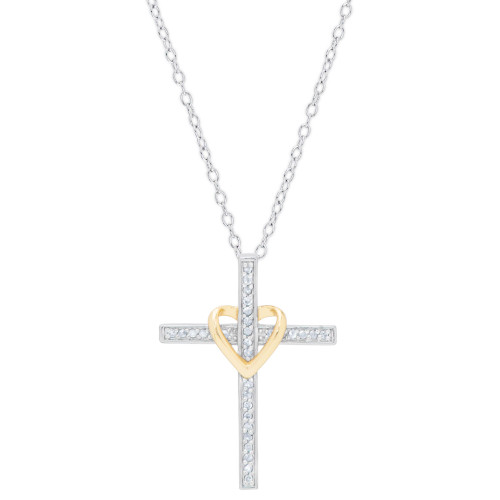 Diamond Cross & Heart 18" Pendant Necklace (1/6 ct. t.w.) in Sterling Silver & 14k Gold-Plate
