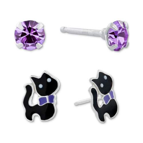 2-Pc. Set Crystal Solitaire & Enamel Cat Stud Earrings in Sterling Silver, Created for Macy's