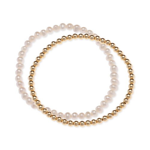 2-Pc. Set Cultured Freshwater Pearl (4-1/2 - 5mm) & Polished Bead Stretch Bracelets in 18k Gold-Plated Sterling Silver