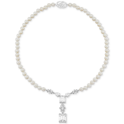 Cultured Freshwater Pearl (5-6mm) & Cubic Zirconia 18" Statement Necklace in Sterling Silver