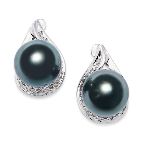 Cultured Tahitian Black Pearl (9mm) and Diamond (1/6 ct. t.w.) Earrings in 14k White Gold