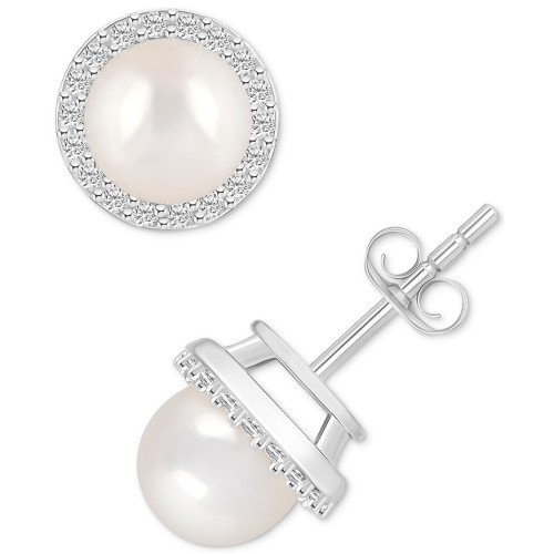 Cultured Freshwater Pearl (6mm) & Lab-Created White Sapphire (1/5 ct. t.w.) Halo Stud Earrings in 10k White Gold