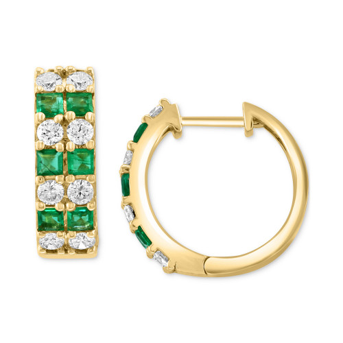 EFFY® Emerald (7/8 ct. t.w.) & Diamond (5/8 ct. t.w.) Double Row Small Hoop Earrings in 14k Gold, 0.64"