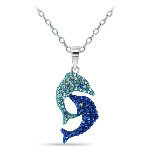 Crystal Two Dolphin Pendant Sterling Silver Necklace