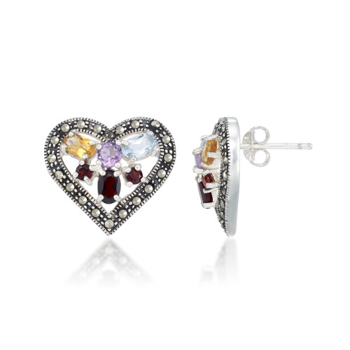 Multi-Color Stones & Marcasite Heart Earrings in Sterling Silver