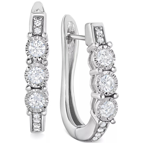 Diamond Three-Stone Hoop Earrings (1/2 ct. t.w.) in 10k White Gold