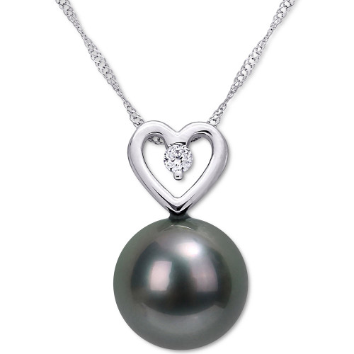 Black Cultured Tahitian Pearl (9-1/2mm) & Diamond (1/20 ct. t.w.) Heart 17" Pendant Necklace in 10k White Gold