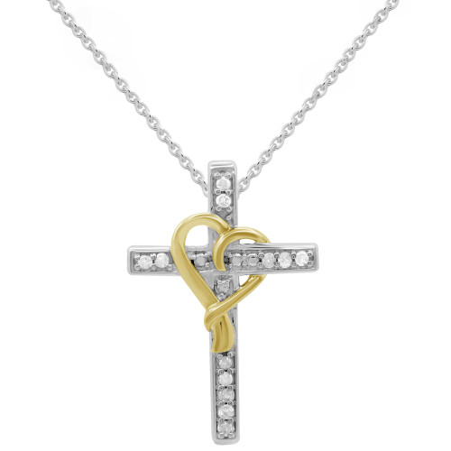 Diamond Cross & Heart 18" Pendant Necklace (1/10 ct. t.w.) in Sterling Silver & 14k Gold-Plate
