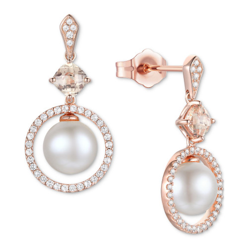 Cultured Freshwater Pearl (6-1/2mm), Morganite (5/8 ct. t.w.) & Diamond (1/3 ct. t.w.) Circle Drop Earrings in 10k Rose Gold