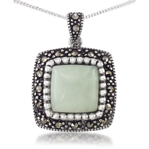 Jade (11 x 11mm) & Marcasite Square Pendant on 18" Chain in Sterling Silver