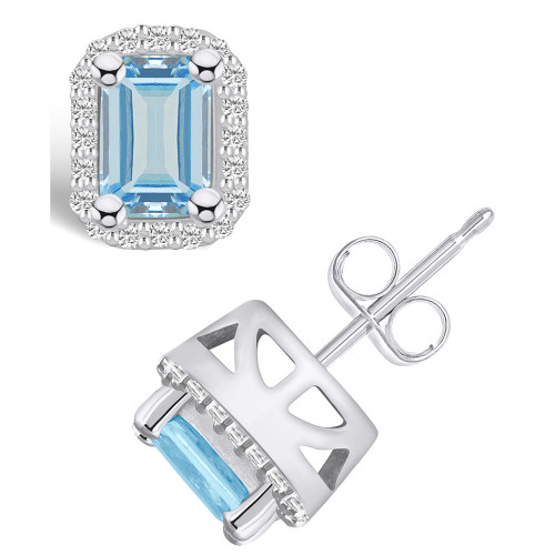 Aquamarine (1 ct. t.w.) and Diamond (1/5 ct. t.w.) Halo Stud Earrings in 14K White Gold