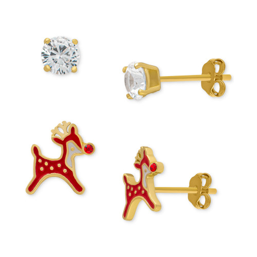2-Pc. Set Lab-Created White Sapphire (3/4 ct. t.w.) & Enamel Reindeer Stud Earrings in 14k Gold-Plated Sterling Silver