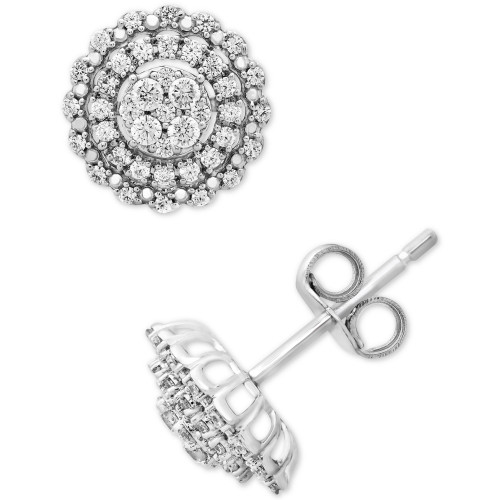 Diamond Halo Cluster Stud Earrings (1/2 ct. t.w.) in 10k White Gold