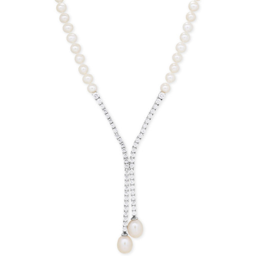 Cultured Freshwater Pearl (5mm & 10 x 8mm) & Cubic Zirconia Lariat Necklace in Sterling Silver, Created for Macy's