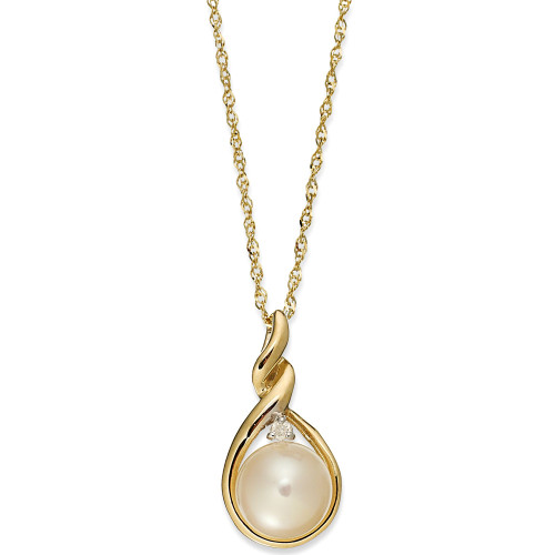 14k Gold Necklace, Cultured Freshwater Pearl and Diamond Accent Twist Pendant